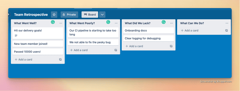 "Trello board of a retro format"